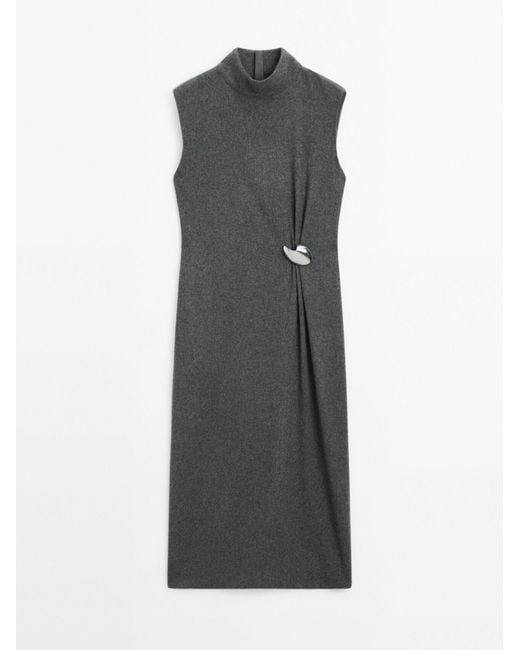 MASSIMO DUTTI Gray Midi Dress With Brooch Detail