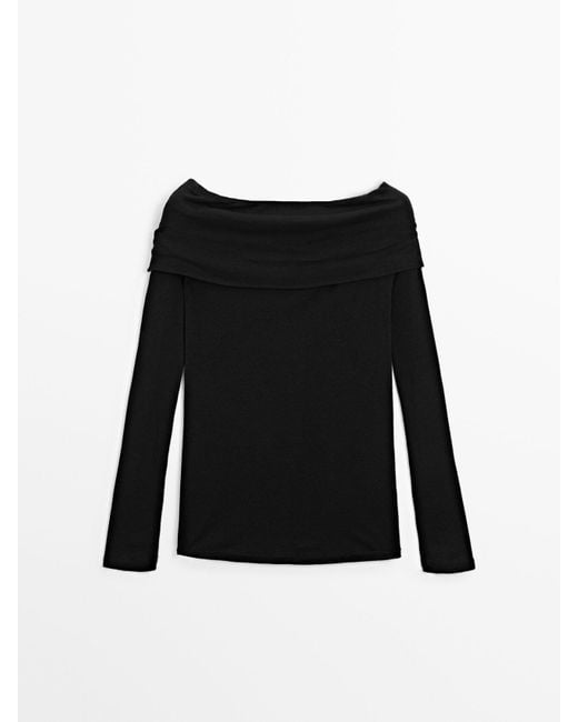 MASSIMO DUTTI Black Long Off-The-Shoulder Top