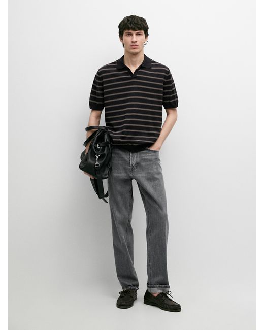 MASSIMO DUTTI Blue Contrast Striped Knit Polo Sweater for men