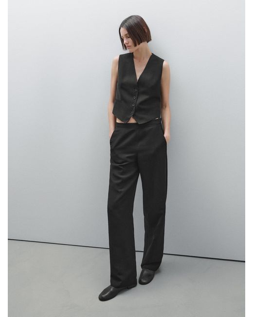 Pantalon Droit Fluide Lin MASSIMO DUTTI en coloris Black