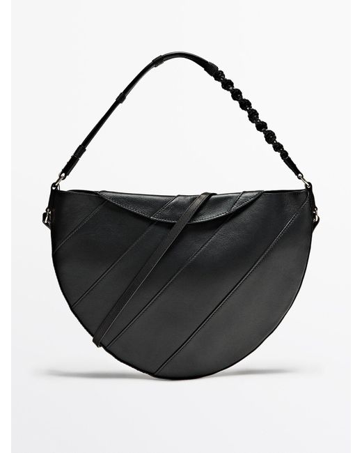 MASSIMO DUTTI Black Nappa Leather Half-Moon Bag With Woven Strap