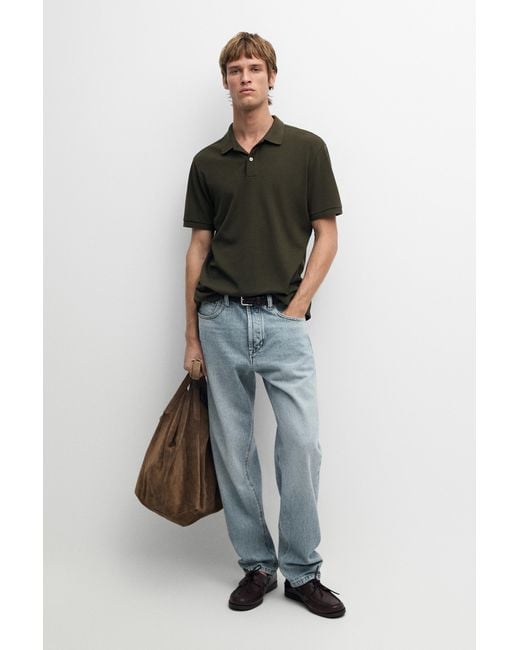 MASSIMO DUTTI Green Micro Textured Cotton Piqué Polo Shirt for men