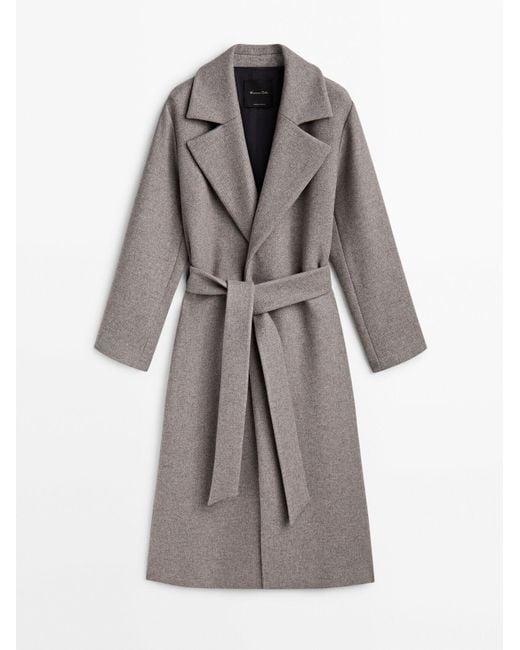 MASSIMO DUTTI Gray Flecked Wool Blend Robe Coat With Belt