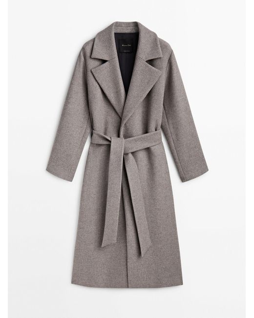 MASSIMO DUTTI Flecked Wool Blend Robe Coat With Belt in Gray Lyst