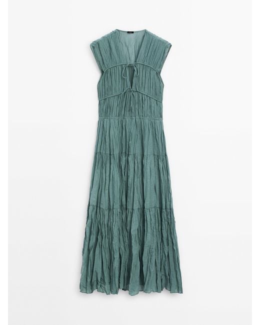 MASSIMO DUTTI Green Pleated Dress With Tie Details