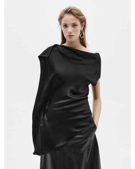 MASSIMO DUTTI Black Asymmetric Satin Top
