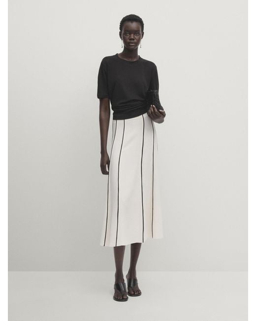MASSIMO DUTTI White 100% Linen Contrast Two-Tone Skirt
