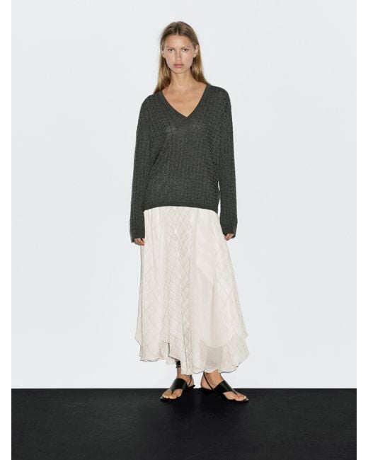 MASSIMO DUTTI White Asymmetric Check Midi Skirt