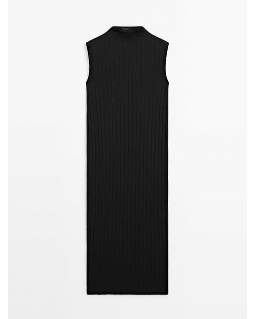 MASSIMO DUTTI Black Ribbed Knit Midi Dress