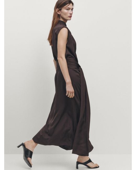 MASSIMO DUTTI White Long Asymmetric Satin Dress With Tie Detail