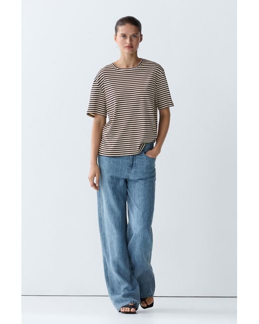 MASSIMO DUTTI Blue 100% Cotton Striped Short Sleeve T-Shirt