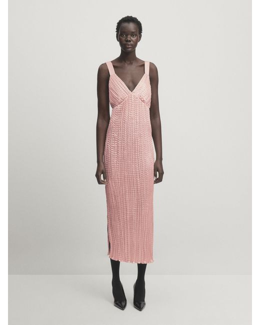 MASSIMO DUTTI Pleated Satin Dress With Slits in Pink Lyst
