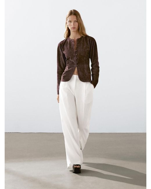 Pantalón Traje Pinzas 100% Lino MASSIMO DUTTI de color White