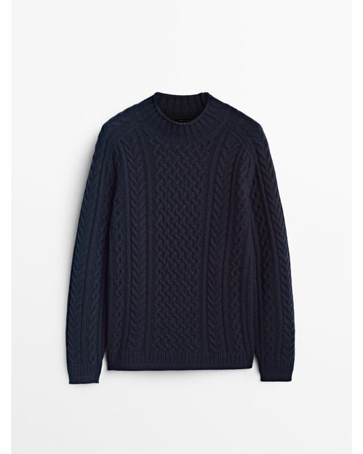 MASSIMO DUTTI Wool Cable-knit Sweater With Mock Turtleneck in Navy Blue ...