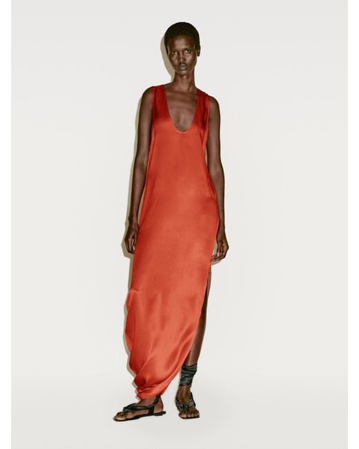 MASSIMO DUTTI Red Draped Asymmetric Silk Dress