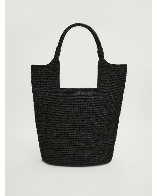 MASSIMO DUTTI Black Raffia Tote Bag With Leather Strap