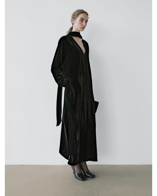 MASSIMO DUTTI Black Long Velvet Dress With Bow Neckline