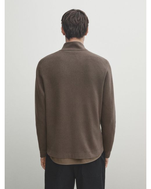 MASSIMO DUTTI Brown Mock Neck Knit Cardigan With Zip for men