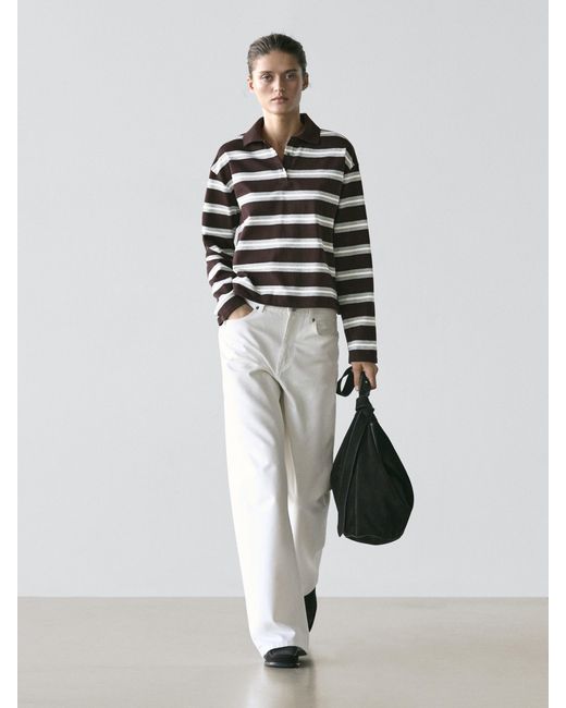 MASSIMO DUTTI Women's White Striped Long Sleeve Cotton Polo Shirt