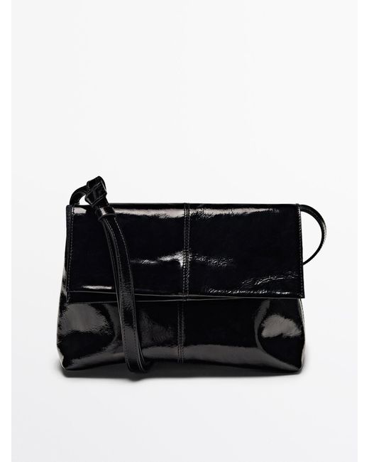 MASSIMO DUTTI Black Crackled Nappa Mini Flap Bag