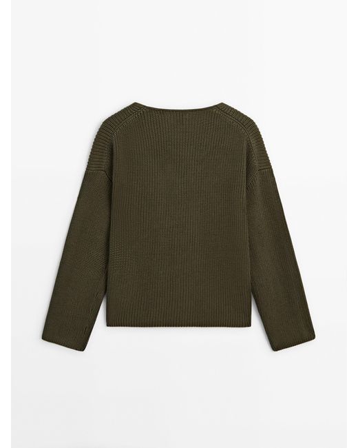 MASSIMO DUTTI Green Purl Knit V-Neck Sweater With Front Detail