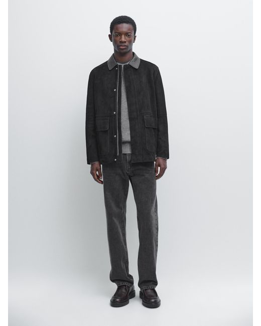 MASSIMO DUTTI Black Jacket With Suede Pockets Detail for men