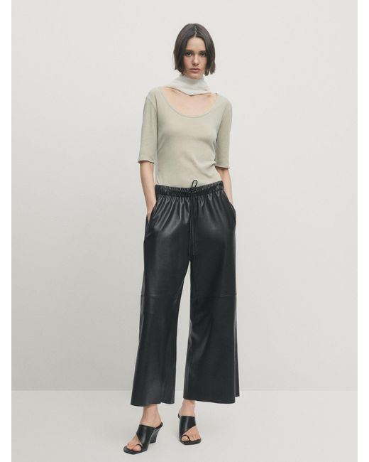 MASSIMO DUTTI Black Nappa Leather Culotte Trousers