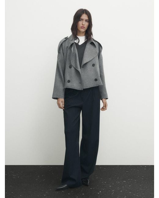 MASSIMO DUTTI Gray Cropped Wool Blend Flannel Trench Coat