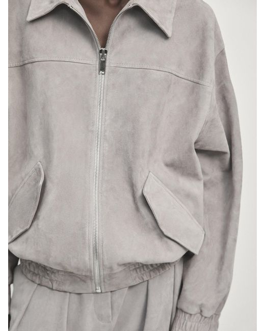 MASSIMO DUTTI Gray Suede Leather Oversize Bomber Jacket