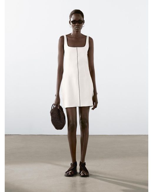 MASSIMO DUTTI White Linen Mini Dress With Contrast Trims