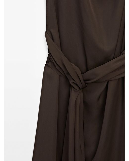 MASSIMO DUTTI Brown Asymmetric Satin Dress With Tie Detail