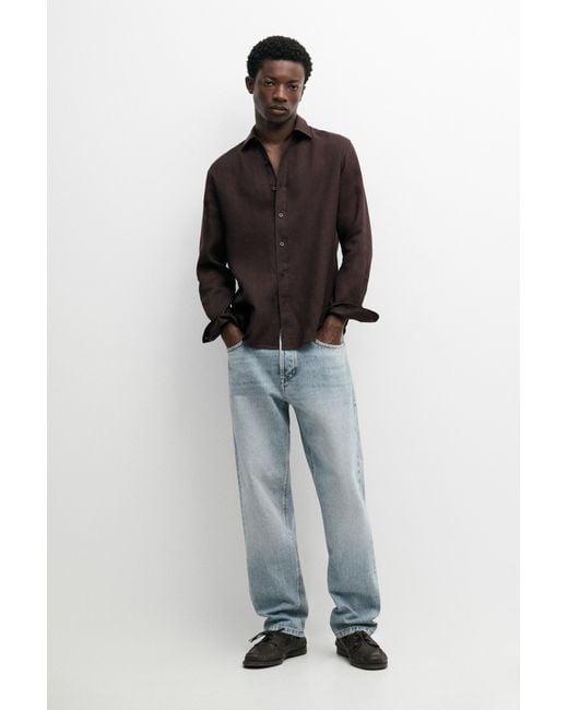 MASSIMO DUTTI Blue 100% Linen Slim Fit Shirt for men
