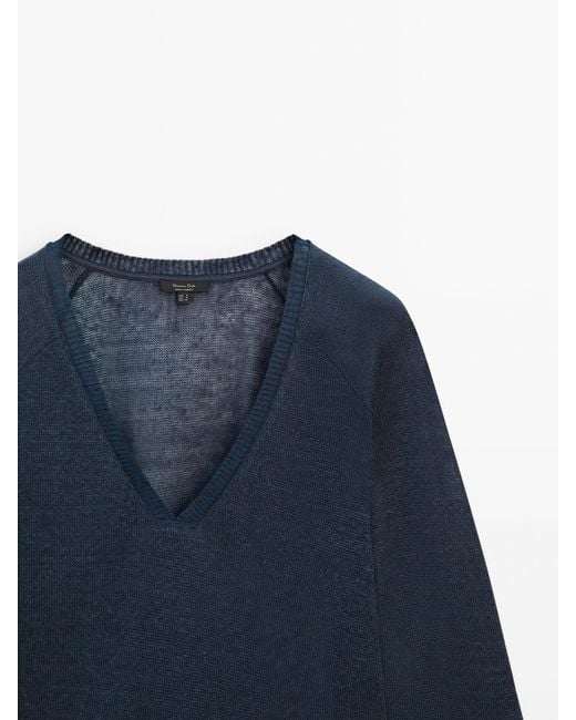MASSIMO DUTTI Blue Long Sleeve Linen T-Shirt With V-Neck