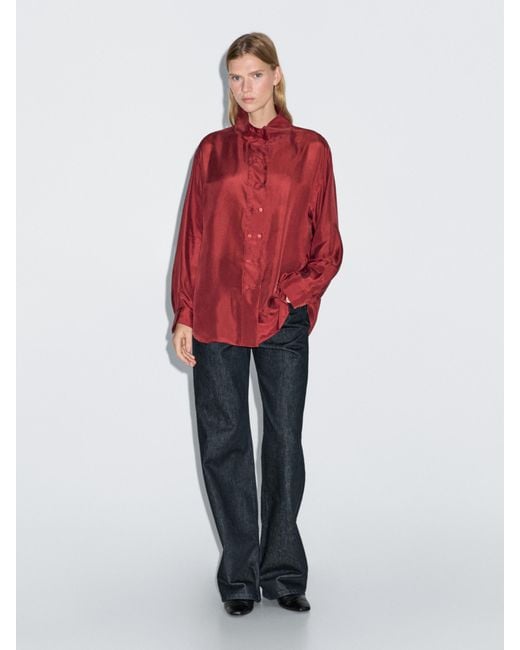 MASSIMO DUTTI Red 100% Silk Shirt With Button Details