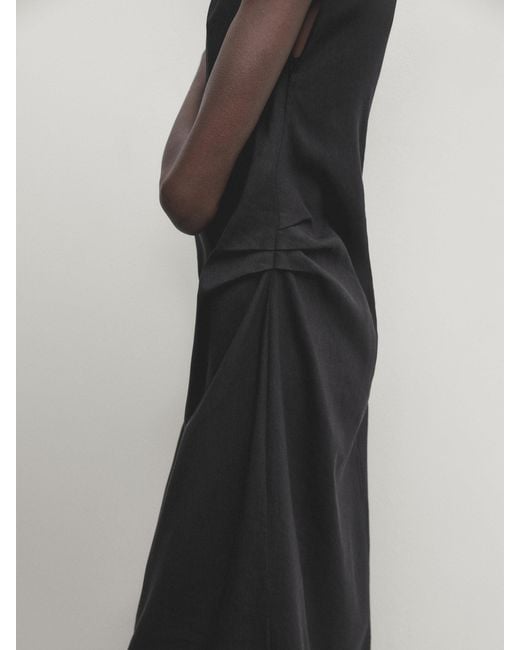 MASSIMO DUTTI Black Linen Blend Stretch Dress With Pleated Detail