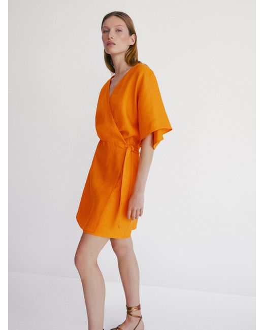 MASSIMO DUTTI Short Linen Dress With Bow in Orange | Lyst
