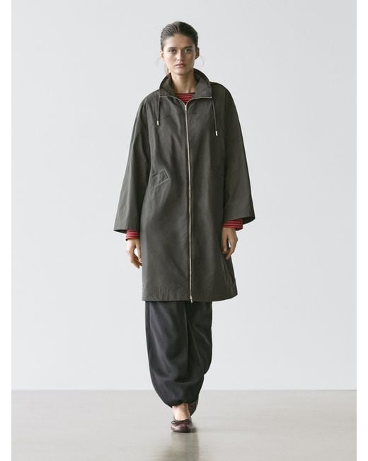 MASSIMO DUTTI Green Technical Fabric Trench Coat With Hood