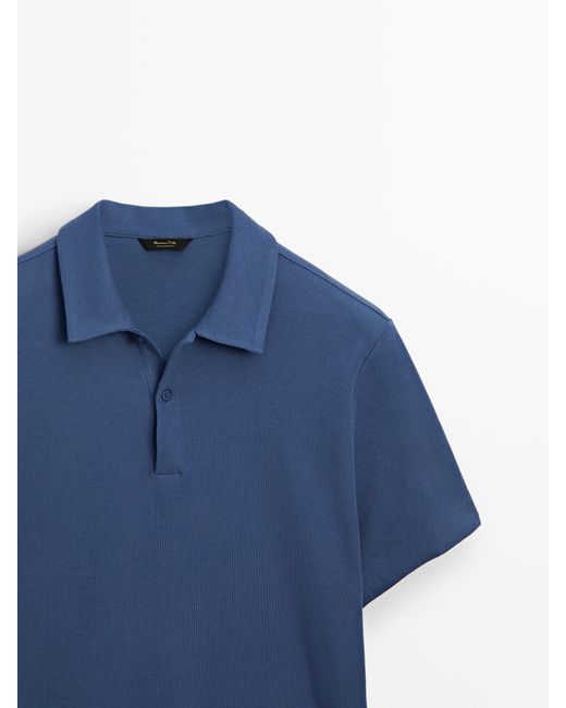 MASSIMO DUTTI Blue Textured Short Sleeve Polo Shirt for men