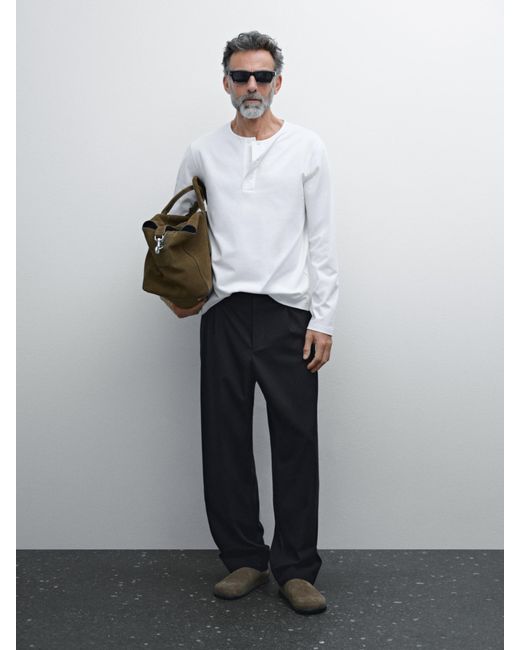 MASSIMO DUTTI White 100% Cotton Henley T-Shirt for men