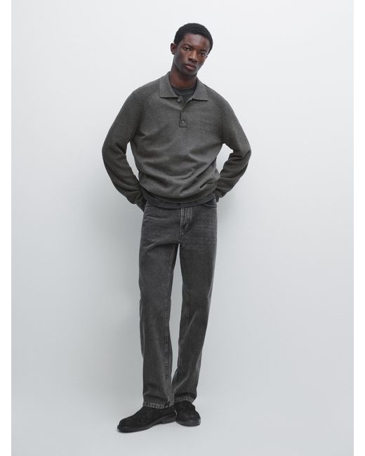 MASSIMO DUTTI Gray Cotton Blend Knit Polo Sweater for men