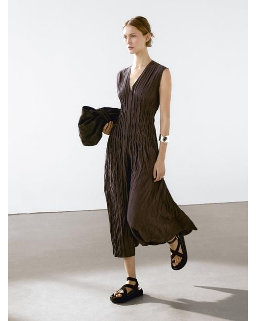 MASSIMO DUTTI White Fließendes Plissée-Midikleid