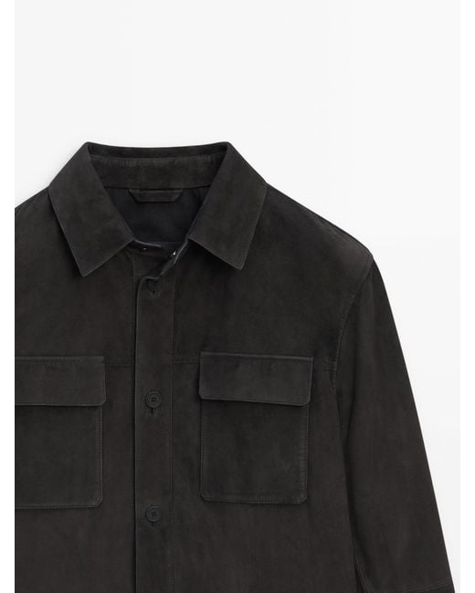 MASSIMO DUTTI Black Suede Overshirt With Chest Pockets for men