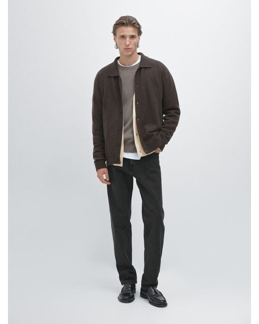 MASSIMO DUTTI Brown 100% Wool Knit Cardigan With Polo Collar for men