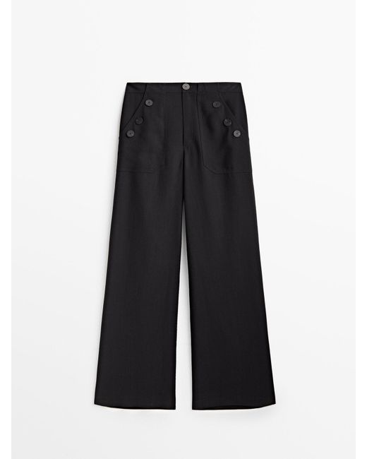 MASSIMO DUTTI Wide-leg Trousers With Button Details in Black | Lyst