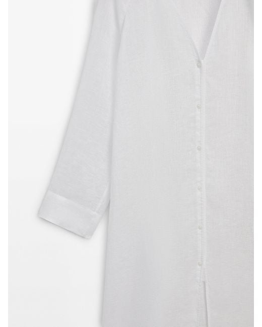 MASSIMO DUTTI White 100% Linen Maxi Oversize Blouse