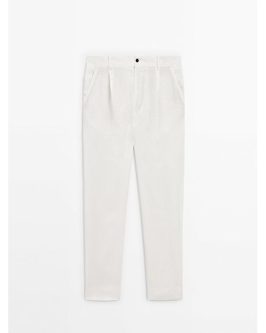 MASSIMO DUTTI White Straight-Leg Darted Linen Trousers for men