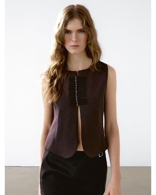 MASSIMO DUTTI Brown Weste Aus Leinenmischgewebe Mit Schmuckperlen