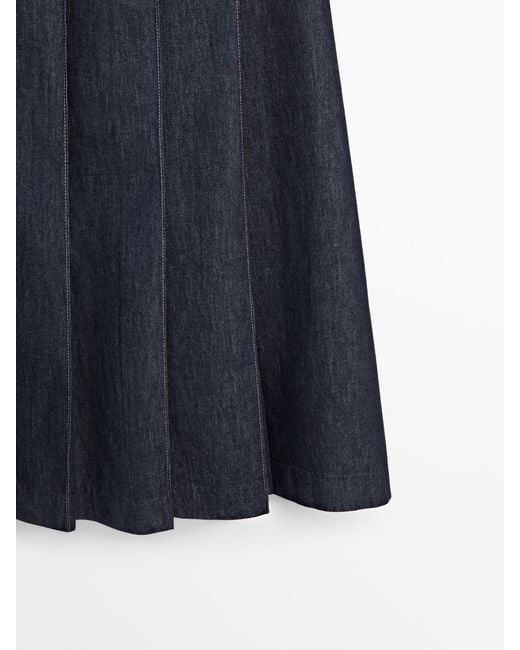 MASSIMO DUTTI Blue Denim Flounce Midi Skirt With Seams