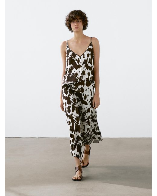 MASSIMO DUTTI White Flounce Animal Print Midi Skirt