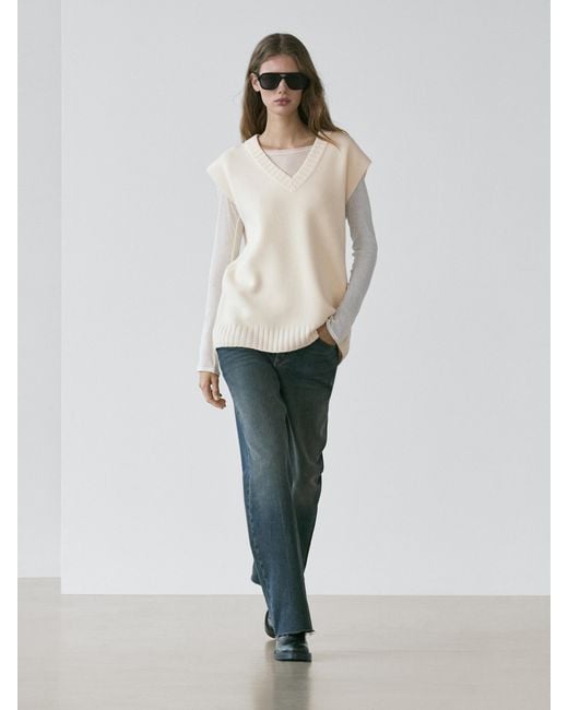 MASSIMO DUTTI White Long Knit Wool Vest